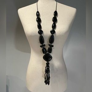 JOAN RIVERS BLACK BEADED DROP MEDALLION NECKLACE